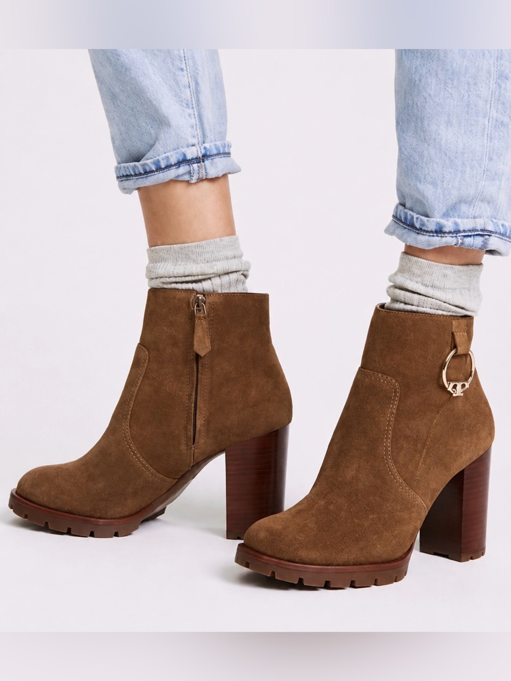 Tory Burch Sofia Lug Sole Suede Festival Brown Booties | 7